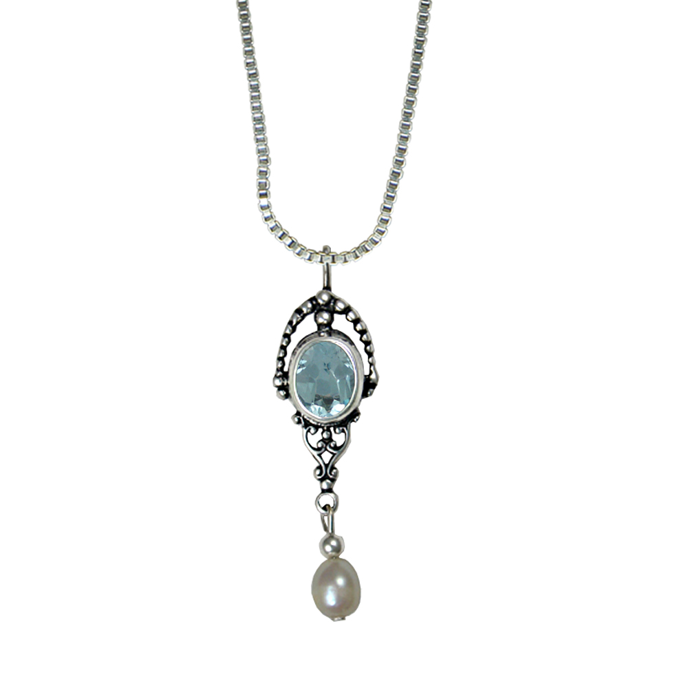 Sterling Silver Victorian Inspired Necklace With Blue Topaz And Cultured Freshwater Pearl